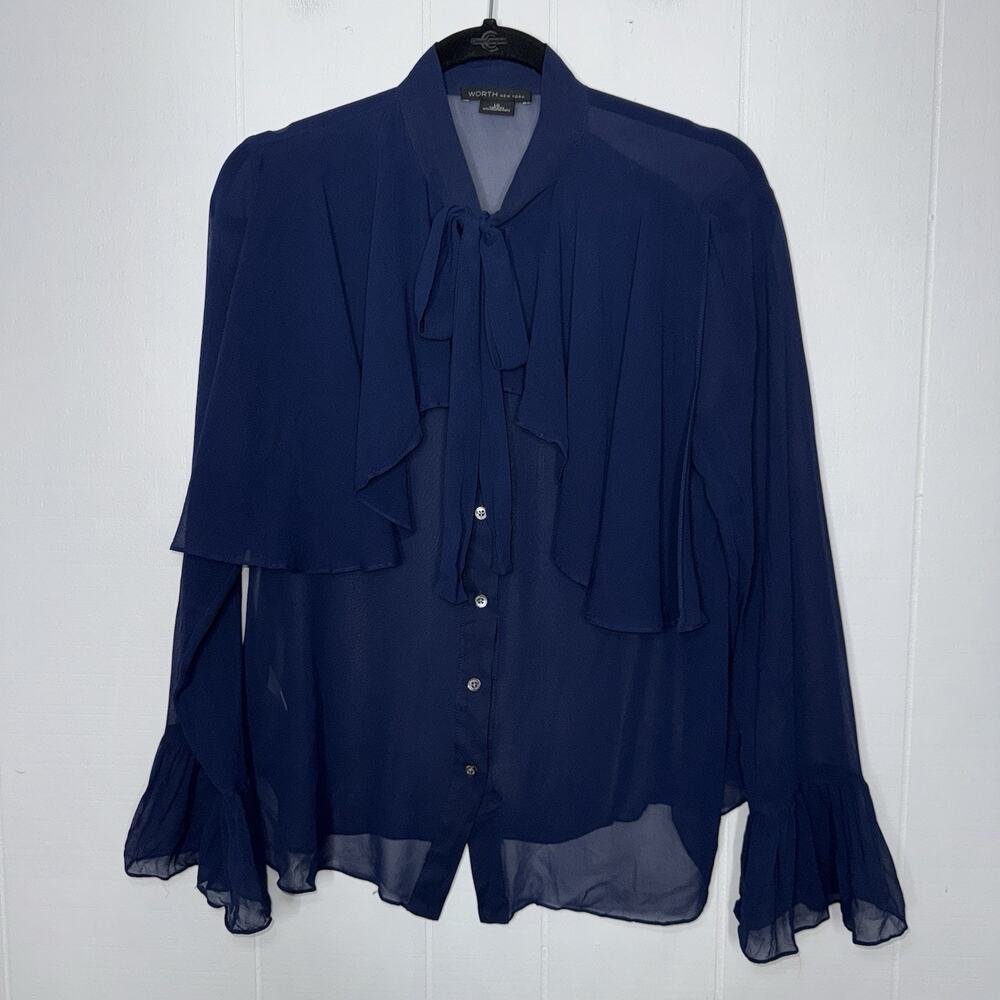 WORTH New York Women’s 100% Silk Blouse Neck Tie Ruffle Details Navy Sheer L